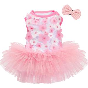 Dog Dresses for Small Dogs Girl, Fashion Small Dog Clothes for Girls, Teacup Chihuahua Toy Poodle Puppy Clothes and Bows, Summer Lightweight Sweet Princess Tutu with Dog Bowknot Clips, Pink