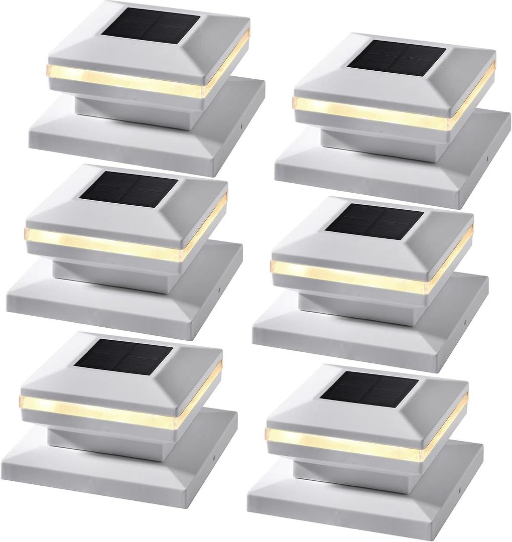 MAGGIFT 6 Pack Post Lights, Outdoor Cap for Fence Deck Patio, Solar Powered, Warm White High Brightness SMD LED Decorative Lighting, Lamp Fits 4x4, 5x5 or 6x6 Wooden, White