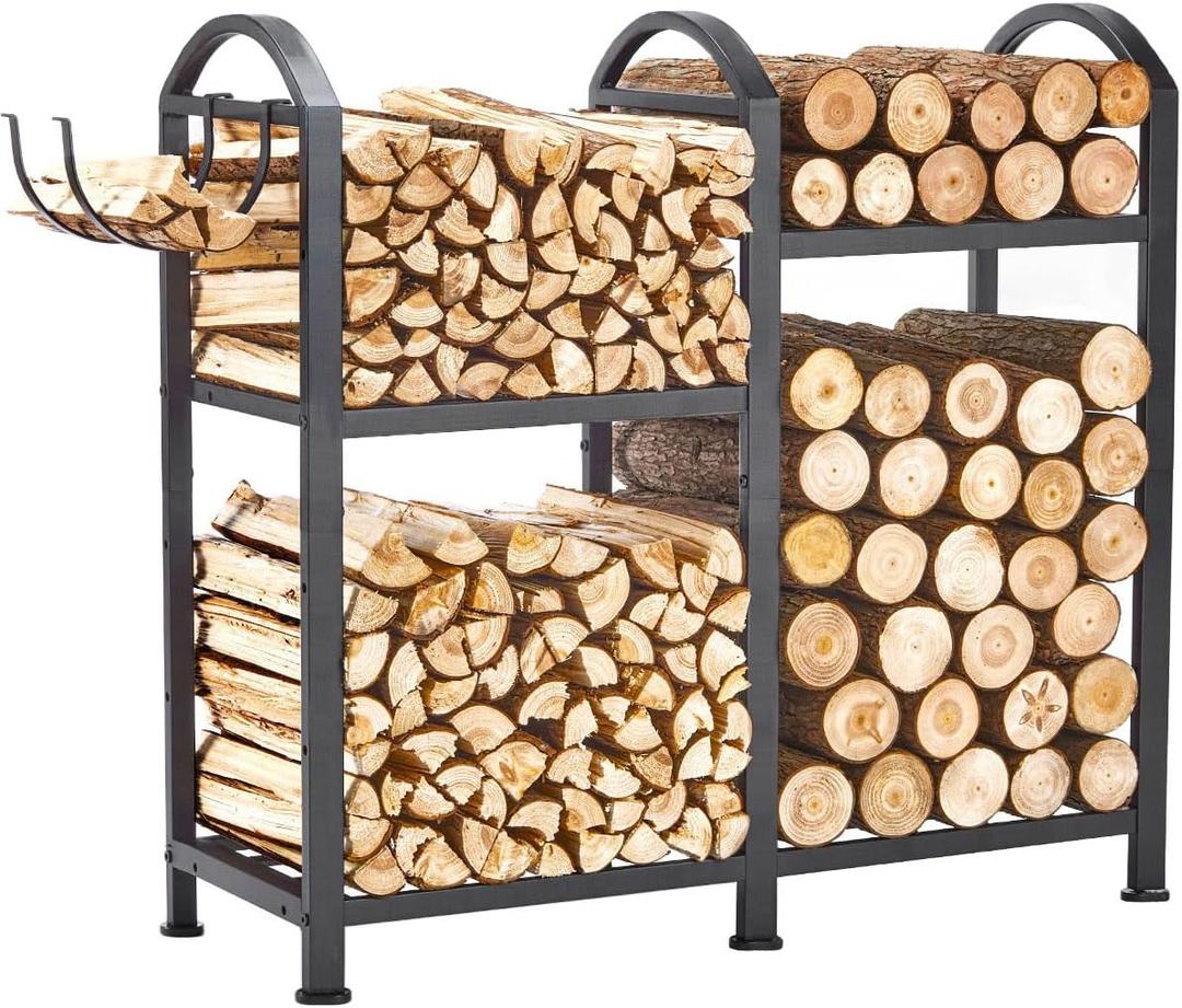 Firewood Rack Indoor With Hooks, 31 inch Firewood Rack, log holders for firewood outdoor, Fireplace Wood holder Indoor, Adjustable Small Fire Wood Storage