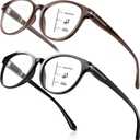 SKYOLUY 2 PCS Distinctive Progressive Multifocus Reading Glasses Women, Retro Round Frame Anti Blue Light/Eye Fatigue Computer Readers, Vintage No-Line Multifocal Eyeglasses (Black&Brown, 2.25x)