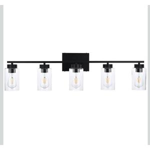 5 Light Bathroom Vanity Light Fixtures, Matte Black Modern Wall Lights with Clear Glass Shade, Vintage Wall Sconce Lighting for Living Room, Mirror, Bedroom, Hallway (Black, 5-Lights)