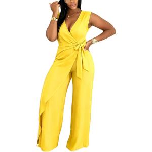Jumpsuits for Women Casual V-Neck Sleeveless Tie Waist Wide Leg Pants Rompers One Piece Jumpsuits Sexy Club Outfits, XL