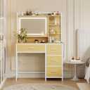 Garvee Vanity Desk with Square Mirror, 35.4 Makeup Vanity Table with Shelves, 4 Fabric Drawers Storage, Modern Dressing Table for Bedroom, Gift for Girls (Natural)