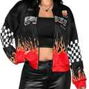 OYOANGLE Women's Plus Size Letter Graphic Zip Up Varsity Jacket Long Sleeve Y2K Streetwear Racer Motorcycle Jacket X-Large Plus, Black