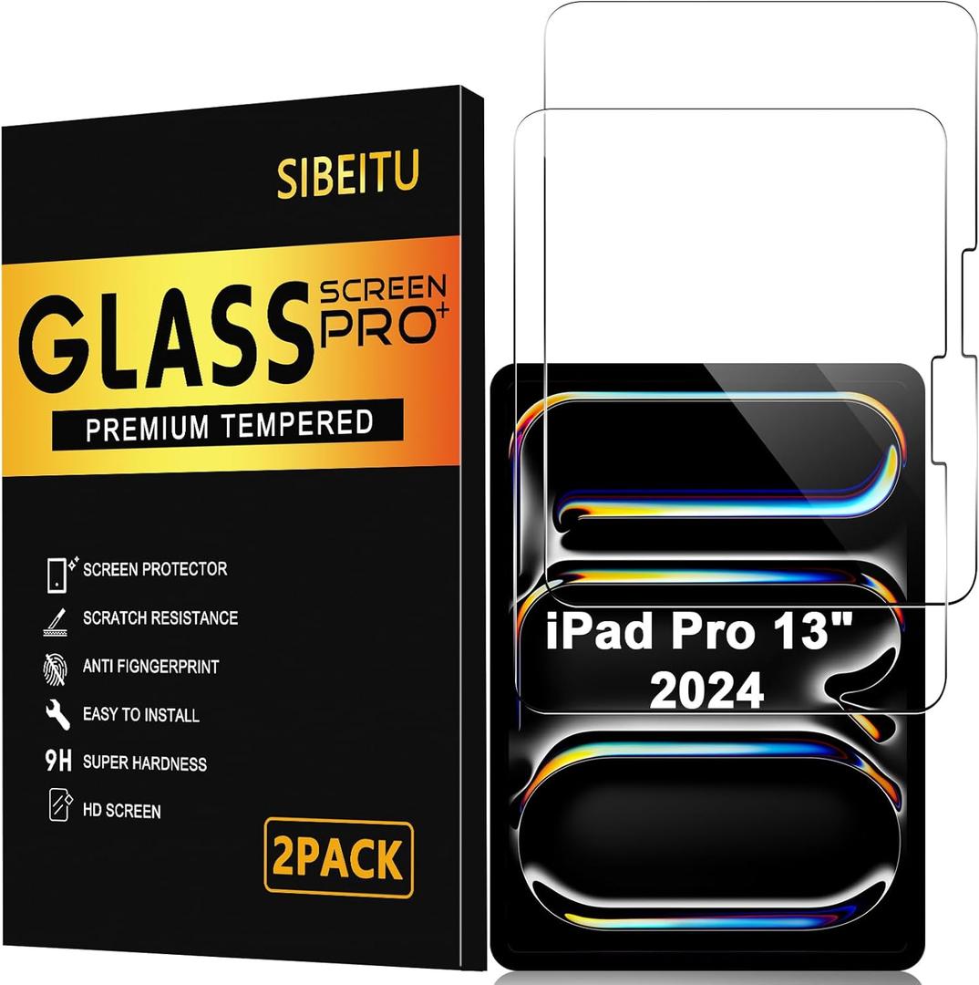 SIBEITU 2 Pack Screen Protector for iPad Pro 13 Inch 2025/2024 M5 M4 (8th/7th Generation), 13 Inch 9H Hardness Tempered Glass Film, Scratch Resistant, Case Friendly, Apple Pencil Support, HD Clarity