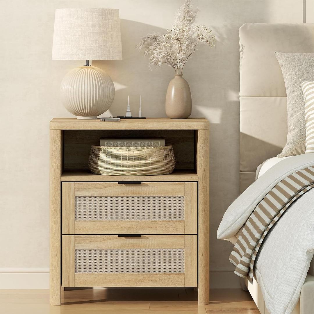 Rattan Nightstand w Charging Station, Large Boho Night Stand, Natural Wood, 15.9"L x 11.8"W x 23.5"H