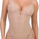 Popilush Tummy Control Shapewear V Neck Backless Lace Thong Bodysuit Sleeveless Tank Tops for Women, Nude, M 