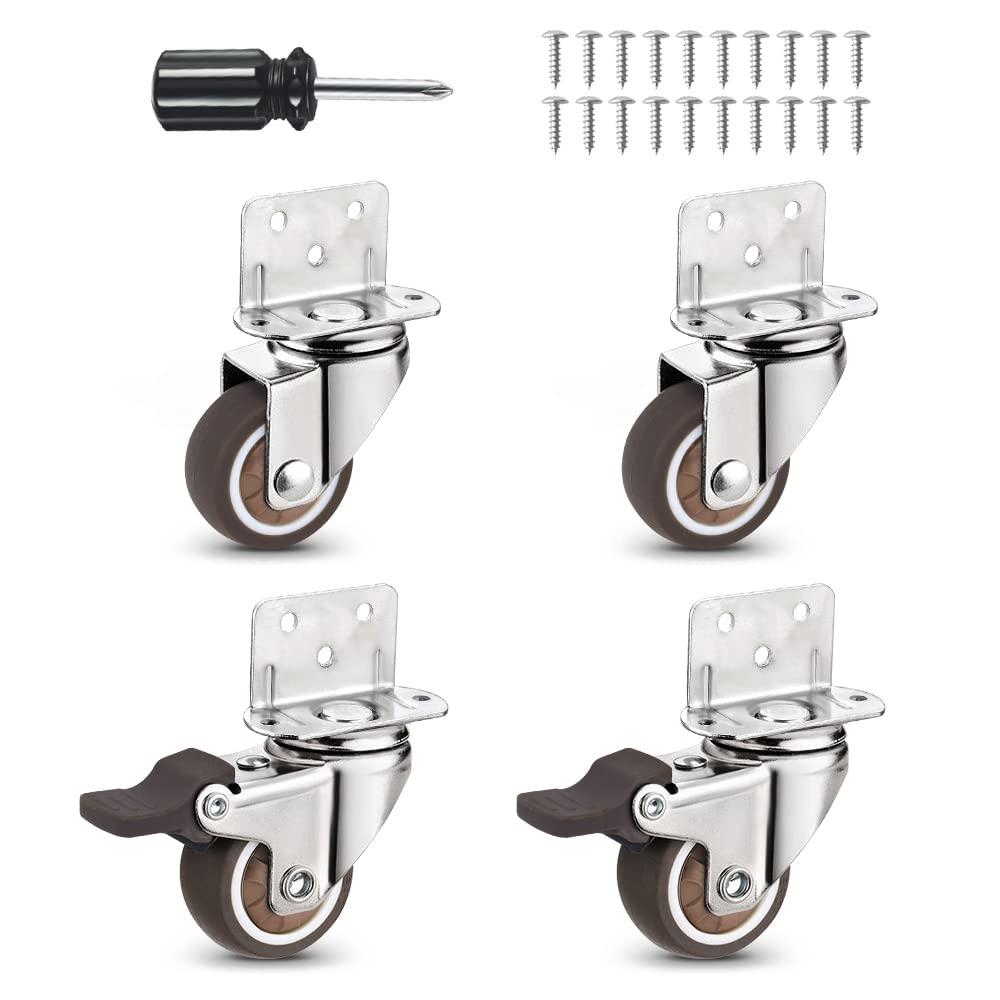 Heavy Duty Casters Set of 4 with Brake,L-Shape Side Mount TPR Plate Caster Wheels Replacement for Baby Bed, Carts Trolley, Kitchen Cabinet, Furniture, Table, Loading Capacity 80 Lbs (1 L-Shape)