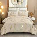 WONGS BEDDING Gold Metallic Marble Khaki Comforter Set California King Foil Print Glitter Bedding Sets with 2 Pillowcases for All Seasons, Soft Microfiber Filling Bedding Duvet Set 104"x96"