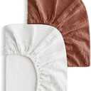 2 Pack Soft Muslin Baby Mini Crib Sheets, 100% Cotton Breathable Double Layer Fitted Sheets for Mini Crib and Pack N Play Mattresses 24x38 Inches, for Baby Girls and Boys (White & Brick)