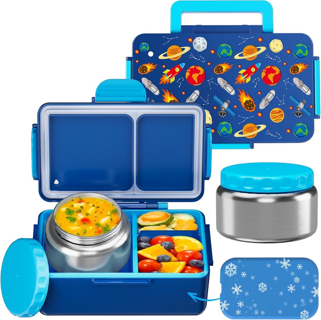 SHPMXUPW Kids Bento Lunch Box 12oz StainlessSteel Soup Thermo & 3Compartment LeakProof Food Container with BuiltIn Ice Pack, Insulated Food Jar for Boys & Girls, School & Travel
