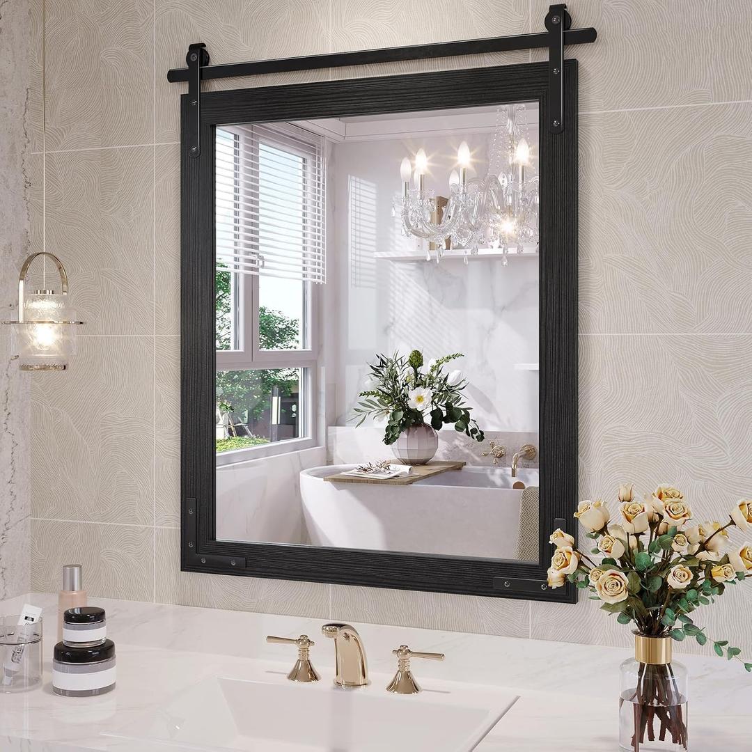 Farmhouse Bathroom Mirror, 24x30 Inch Black Vanity Mirror for Wall, Wood Framed Rustic Mirror Rectangular Wall Decor Mirrors for Entryway Living Room Bedroom