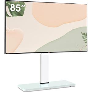 Universal Swivel TV Stand Table Top TV Mount Stand for 43 to 75 80 85 inch TVs, 8 Level Height Adjustable with Tilting, Heavy Duty Tempered Glass Base, Holds up 110lbs, MAX VESA 400x600mm, White