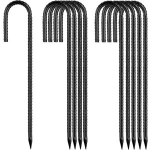 12 Inch Rebar Stakes, J Hook Ground Stakes 10 Pack Black Ground Anchors for Tent Heavy Duty for Plants Anti-Rust Landscape Fabric Artificial Turf