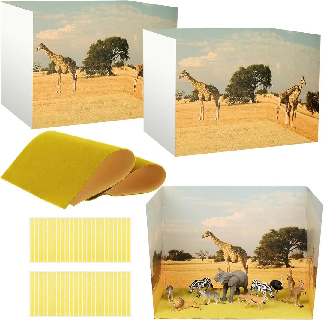 AmazingSpark 2 Set Grassland Diorama Box and Fake Grass Decor, Africa Safari Animal Diorama Project Supplies Set, Cardboard Display Case Kit & Artificial Grass with Double Sided Tapes for DIY Crafts