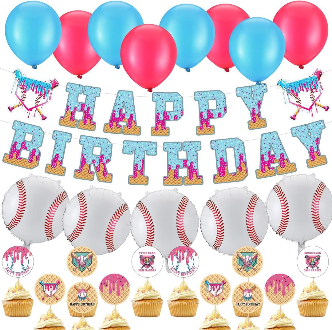 80 Pcs Ice Cream Drip Baseball Birthday Party Decorations Set Includes Baseball Ice Cream Theme Banner Latex Balloons Foil Balloons Cupcake Topper Sports Birthday Party Supplies
