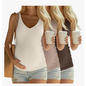 3 Pack Women's Maternity Tank Tops 92% Cotton Ribbed Knit Summer Pregnancy Shirts Sleeveless V Neck Basic Clothes L