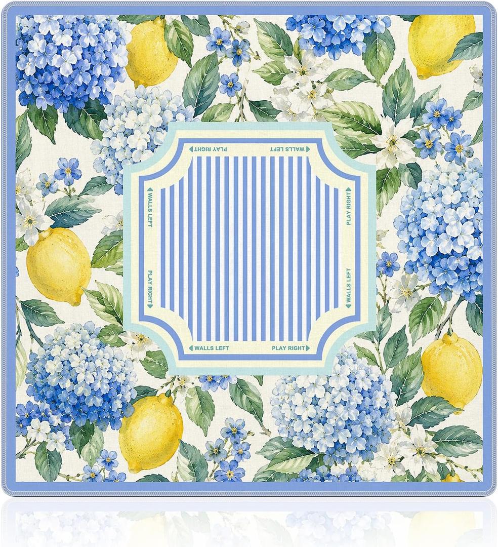 WHCHJ Blue Hydrangea Floral Lemon Mahjong Mat 31.5 x 31.5in