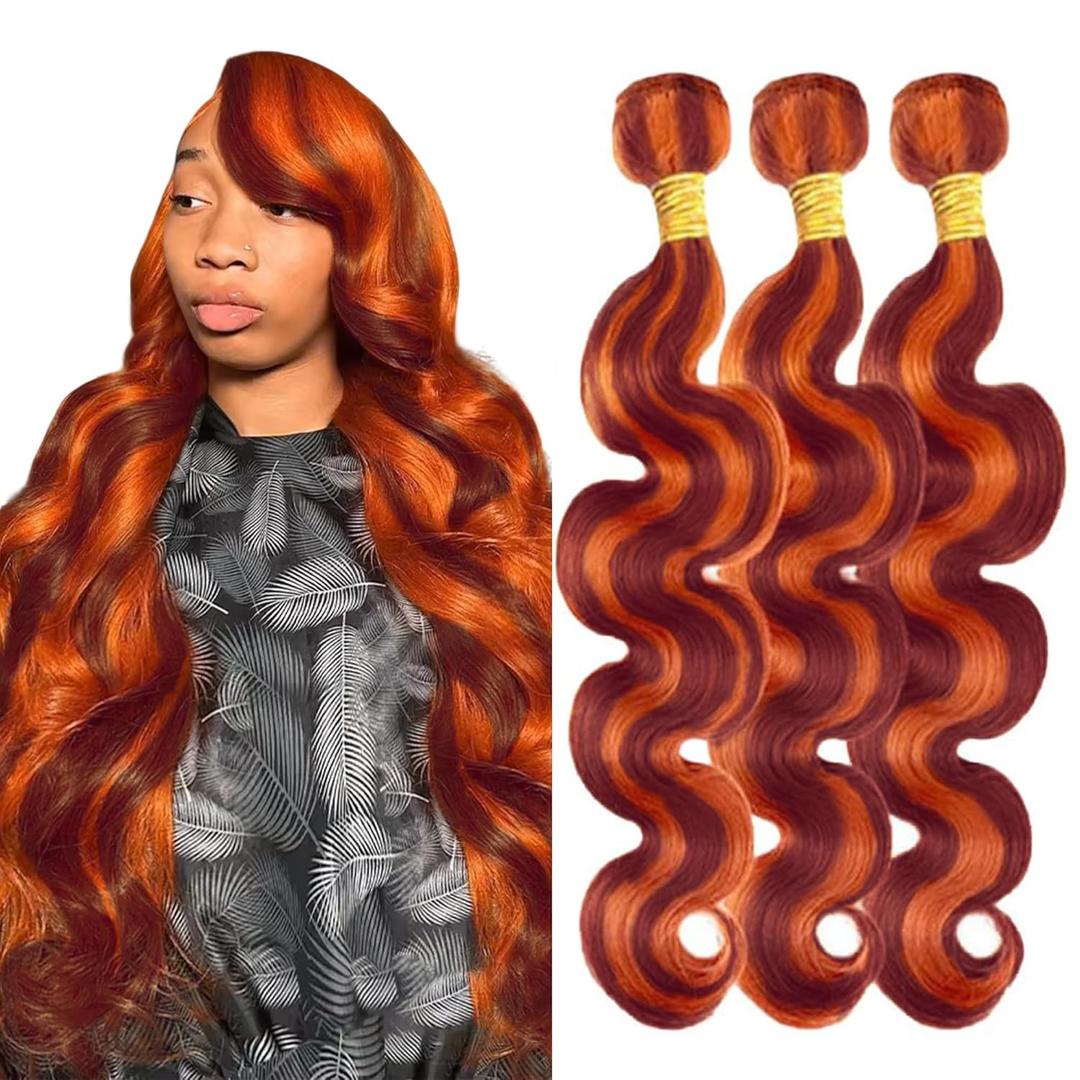P33/350 Highlight Body Wave Bundles Reddish Brown Mixed Orange Bundles 14 16 18 Inch 12A Unprocessed Brazilian Virgin Hair 3 Bundles Human Hair Extensions Copper Red Ginger Color 300g Total