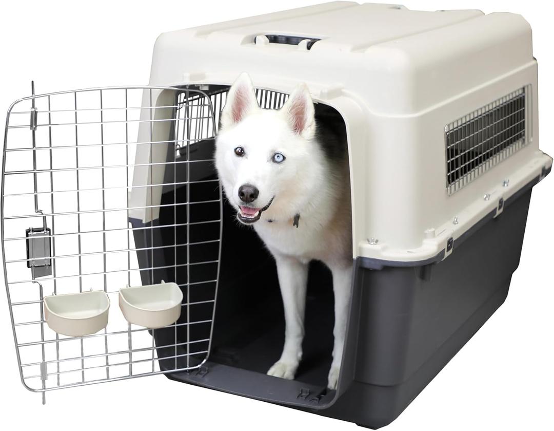 SportPet Airline Compliant XX-LARGE 39" Travel Dog Kennel-Durable Plastic Airline Pet Carrier w/ Removable Wheels & Food Bowls, Collapsible Indoor/Outdoor Dog Kennel, Dogs up to 36"L & 27"H-Cream/Gray