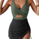 B2prity Women Mesh One Piece Swimdress Swimsuit Tummy Control V Neck Cutout Bathing Suit Wrap Drawstring Sarong Swimwear (Medium, Army Green,Black)