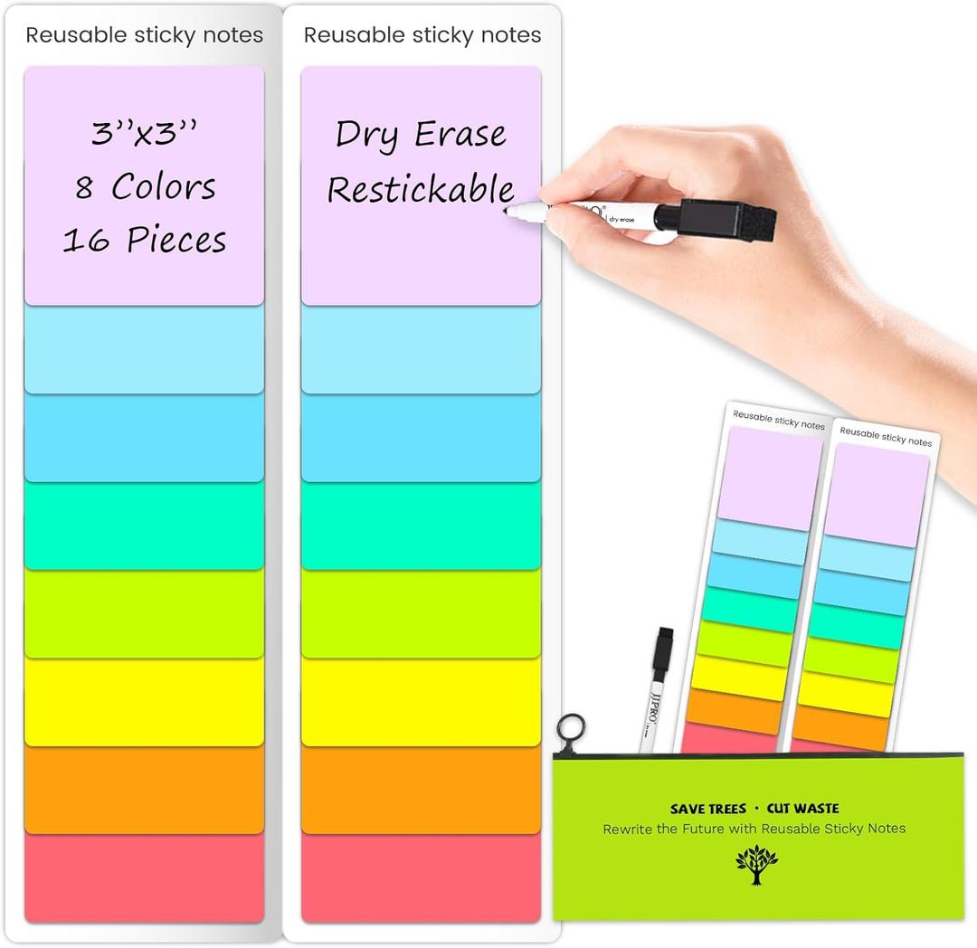 JJPRO Dry Erase Sticky Notes - Reusable Whiteboard Stickers 8 Colors 3"x3"-16 Pack. Suitable for All Smooth Surface.Great for Labels, Lists, Reminders and Decals-Washable,Removable