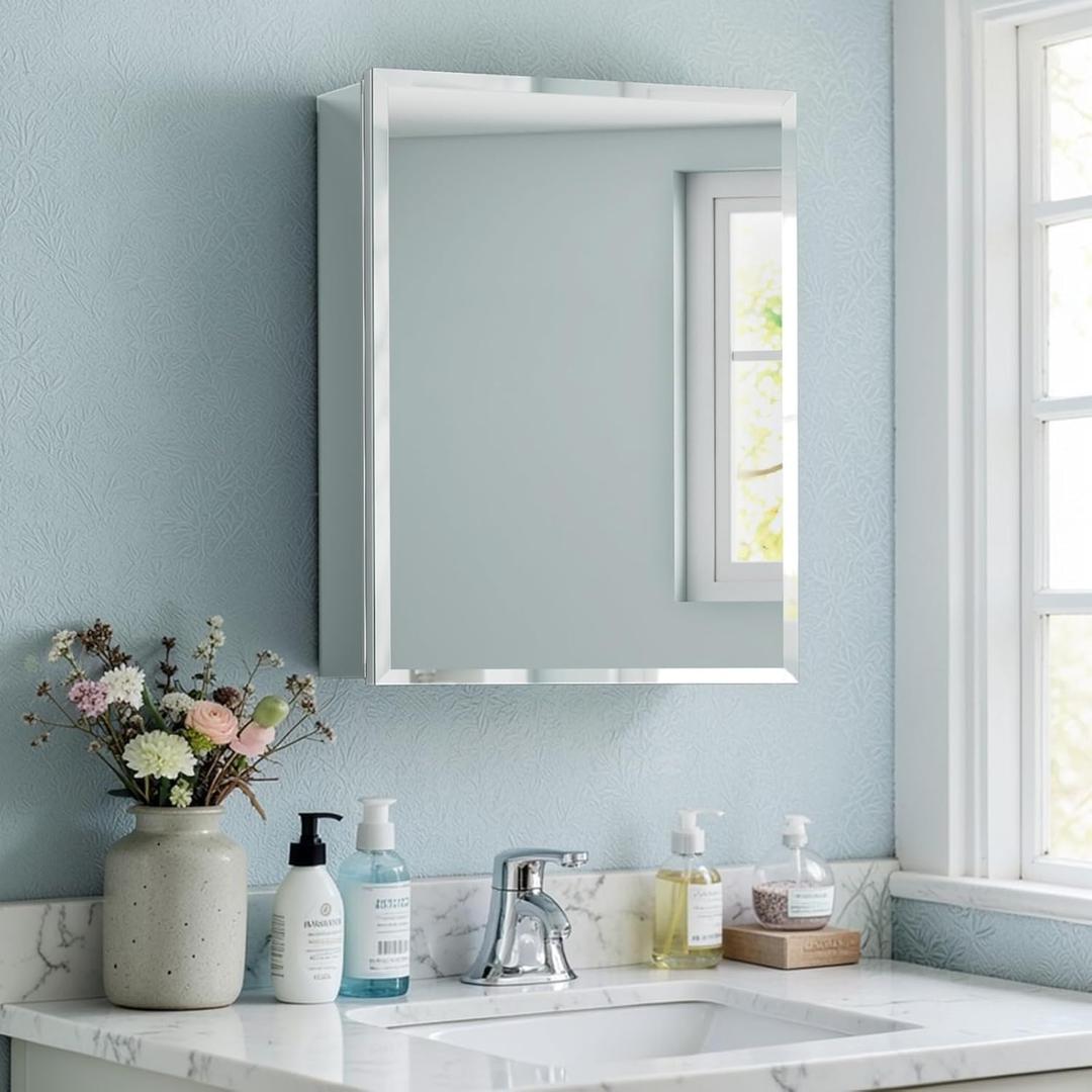 16x20 Inch Beveled Bathroom Medicine Cabinet with Mirror, Assembly Needed, Recessed or Wall Mount, 1 Adjustable Tempered Glass Shelf, Aluminum Medicine Cabinet, Side Mirror, Reversable Door