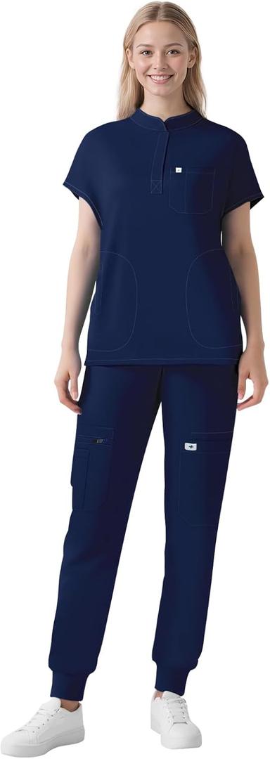 Scrubs for Women Set - Cool Stretch Scrub Top & Jogger Pants with 11 Pockets Breathable Nursing Uniform Scrub Suit (Small, Navy Blue)