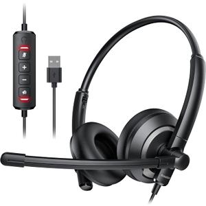 EH05-U Wired USB Headset with Noise Cancelling Microphone for PC Laptop - Headphones with In-Line Control, Lightweight, Enhanced Sound & MIC Mute (Black)