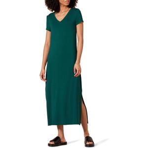 Amazon Essentials Women's Regular Fit Jersey V-Neck Short Sleeve Midi Length T-Shirt Dress, Soft Viscose Stretch Jersey with Side Slits, Dark Green, X-Small
