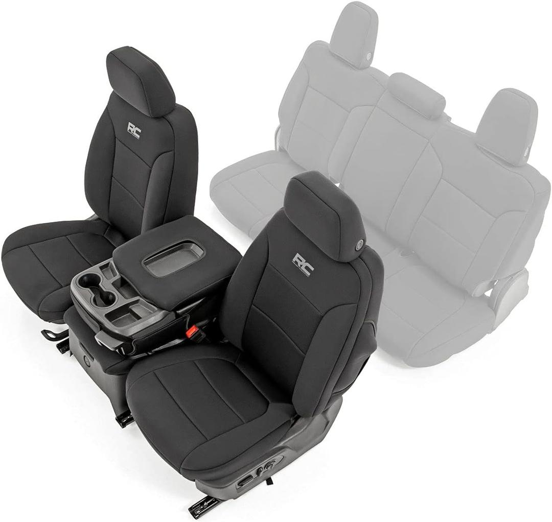 Rough Country Neoprene Front Seat Covers for Chevy Silverado & GMC Sierra 1500 (2019-2025) w/Rear Cup Holder - Waterproof & UV Resistant, Foam Padded, Front Seat Cover Set