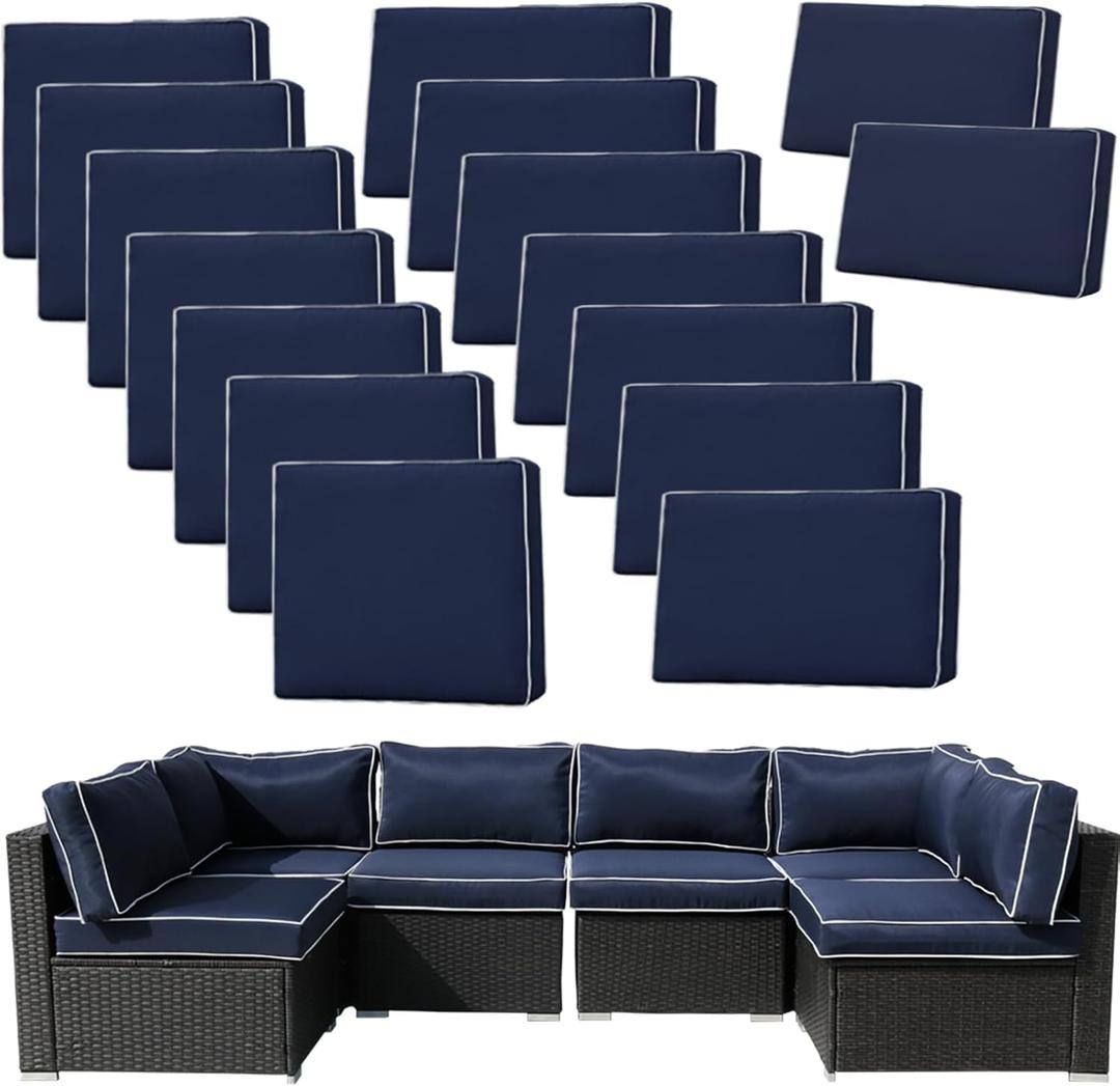 14Pieces Patio Cushion Covers Replacement,Outdoor Couch Cushions Covers Waterproof Furniture Cushion Covers Slipcovers Set with Zippers,Cover Only(Blue+White,25.625.63.94inches)