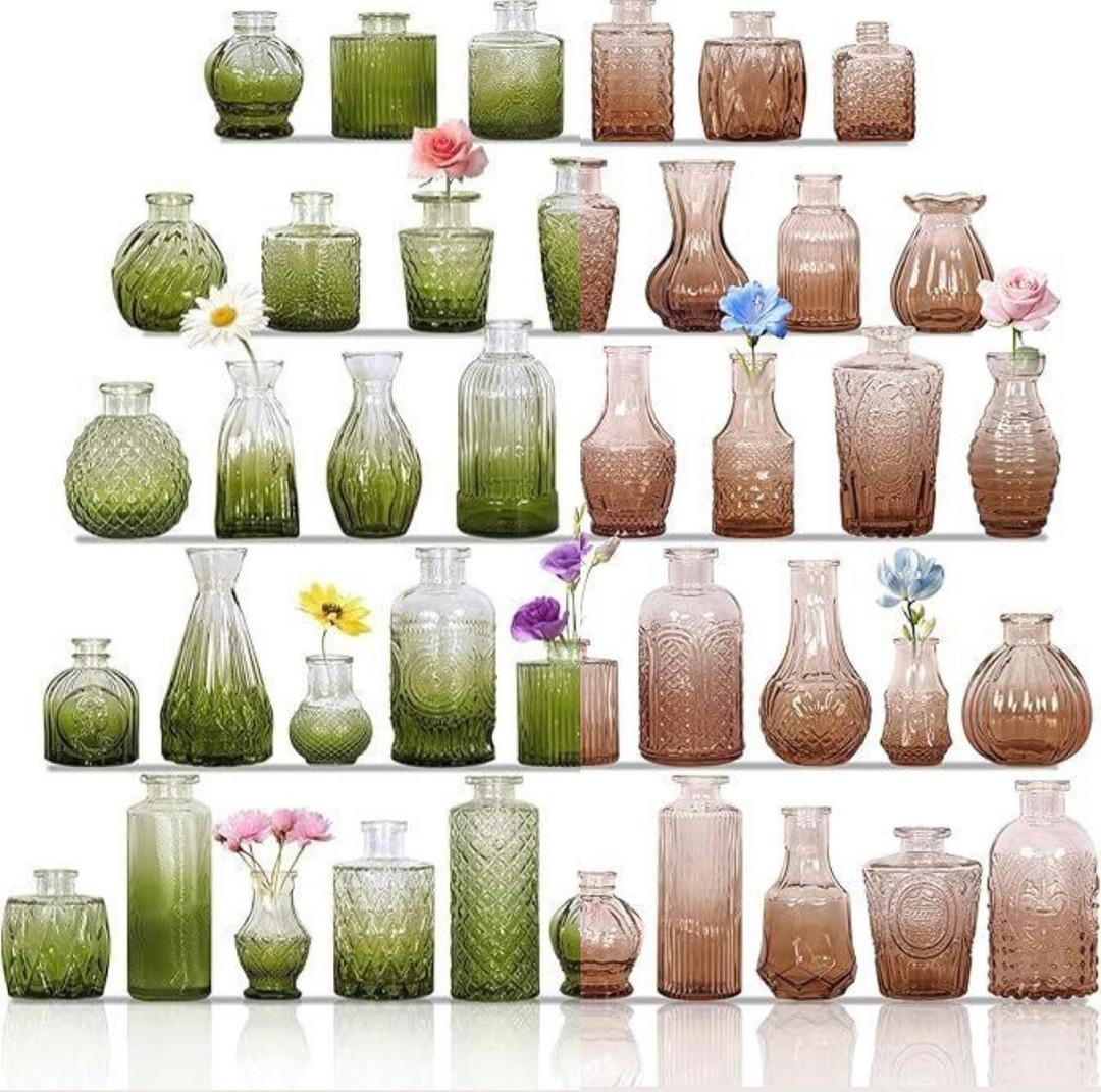Set of 40 Glass Bud Vases, Small Green Glass Vases in Bulk, Mini Vintage Embossed Flower Vase for Wedding, Centerpieces, Birthday Party, Baby Shower, Home Table Decorations (Green And Amber Mix)