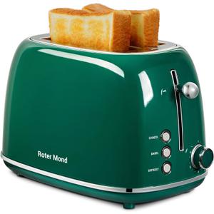 Roter Mond 2 Slice Toaster Retro Stainless Steel with Bagel, Cancel, and Defrost Functions, 6 Bread Shade Settings, Extra Wide Slots and Removable Crumb Tray, Green