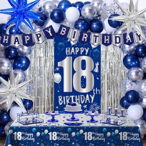 18th Birthday Decorations for Boys, Blue Happy 18th Birthday Decorations for Men, 18 Year Old Boy Birthday Door Banner, 18th Bday Party Tablecloth Foil Backdrop Star Balloons Decor for 18th Girls Boys