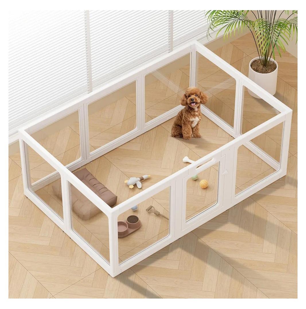 Clear Acrylic Dog Playpen Indoor, Puppy Cat Small Pet Play Pen, Pet Cat Foldable Playpen for Rabbits, Dog Fence Crate Kennel Whelping Cage (White, 10 Panel)