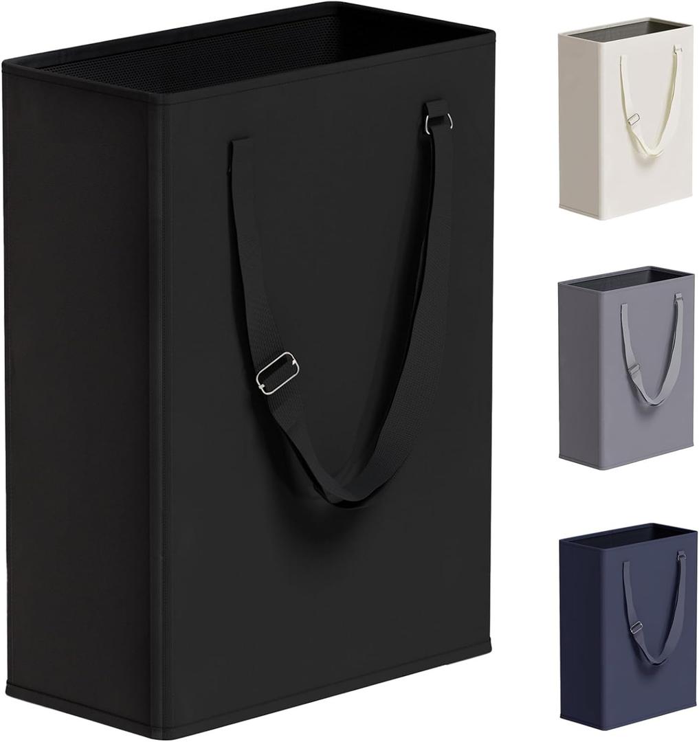 TECHMILLY Slim Laundry Hamper with Adjustable Long Handles, 45L Small Laundry Baskets with Mesh Top, Narrow Dirty Clothes Hamper for Bedroom, Closet, and Bathroom - Black