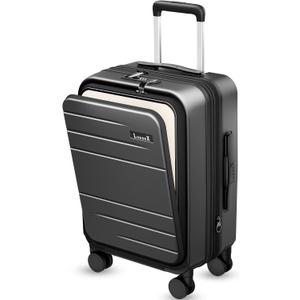 LUGGEX Carry On Luggage 22x14x9 Airline Approved, FLO5 Expandable Polycarbonate Suitcase with Front Pocket (FX-Core, Black, 20 Inch), 20 Inch-ext