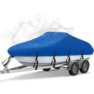 NEVERLAND Boat Cover 17-19 ft 600D Waterproof Boat Covers Fits Bass, V-Hull, Tri-Hull, Fish & Ski, Runabout Bowrider Boat, 17' 18' 19' feet Heavy Duty Canvas Trailerable Boat Cover Blue
