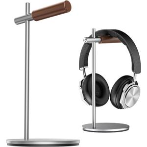QzheMuw Oak Headphone Stand, Wood Headset Stand for Desk, Universal Holder for Airpods max, Bose, Beats, Gaming, Apple Vision Pro, VR Display Stand (Silver)