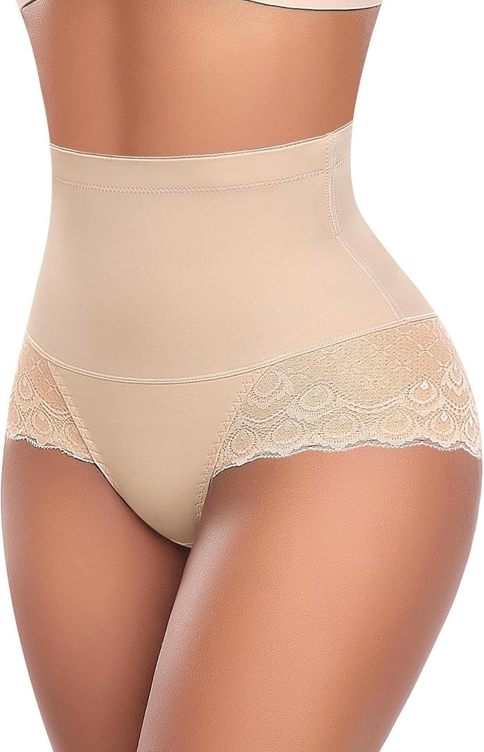 Werena Tummy Control Shapewear Panties for Women High Waist Body Shaper Underwear Lace Shaping Girdle Briefs (Beige, L)