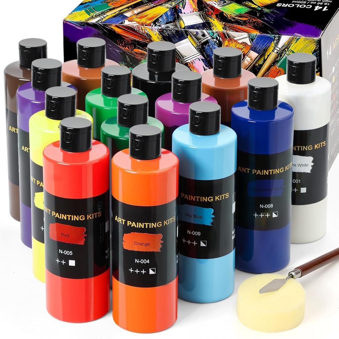 14 Colors Large Bulk Acrylic Paint Set (500 ml/16.9 oz Extra Large Bottles), Non-Toxic for Kids & Adults, Acrylic Paint Bulk on Wood, Glass, Ceramic, Art Painting Supplies with Palette Knife