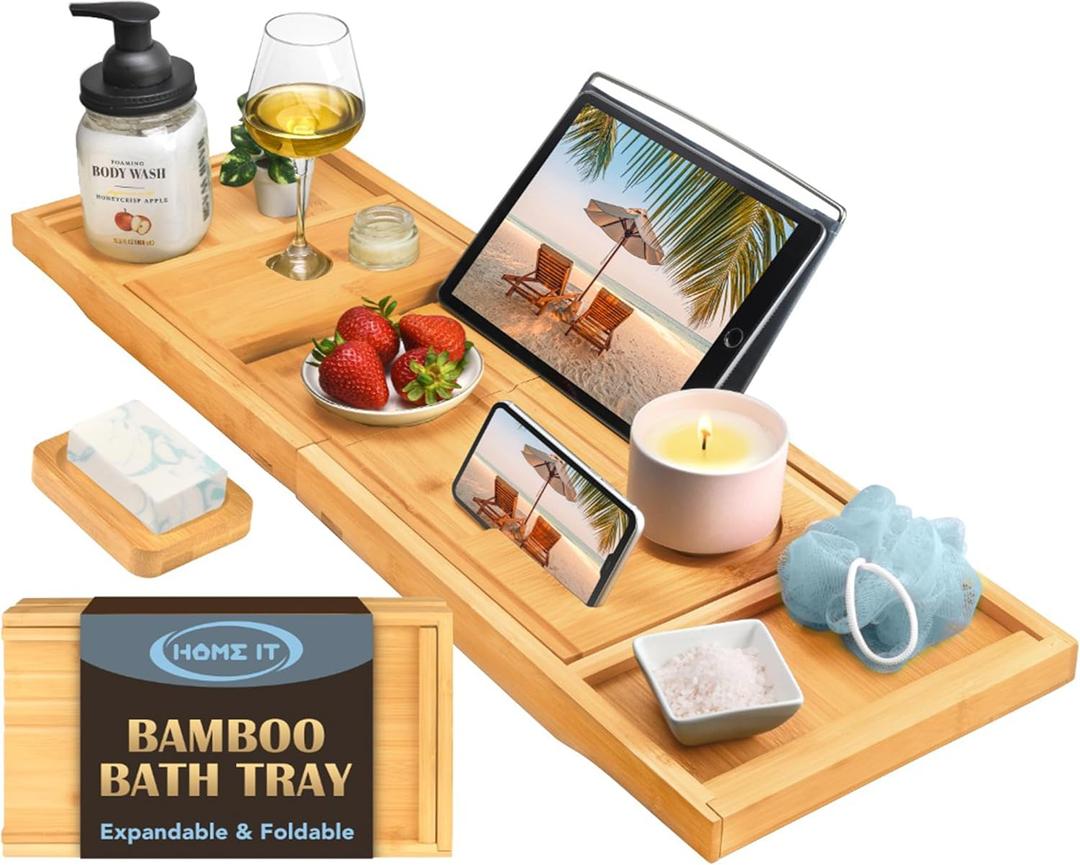 Home It Premium Foldable Bathtub Tray - Bamboo Waterproof Bath Tray for tub Caddy - Wooden Holder for Wine, Book, Soap, Phone, Luxury Gift for Men & Women - Expandable, Fits Most Tubs in Bathroom