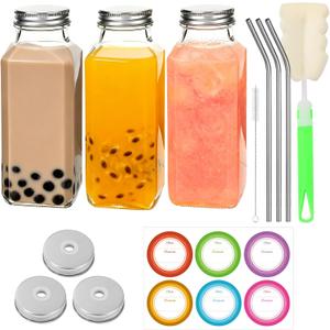 BIGIVACA 12 oz Glass Juice Bottles with Lids 3 Pack | Reusable & Leakproof Juicing Jars with Airtight & Sipping Lids, Straws & Brushes for Travel, Office, Home, Gym