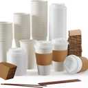 JOLLY PARTY [50 Pack] 16 oz Paper Coffee Cups, Disposable Paper Coffee Cup with Lids, Sleeves, and Stirrers, Hot/Cold Beverage Drinking Cup for Water, Juice or Tea, Suitable for Home, Shops and Cafes (EXP 07/15/26)