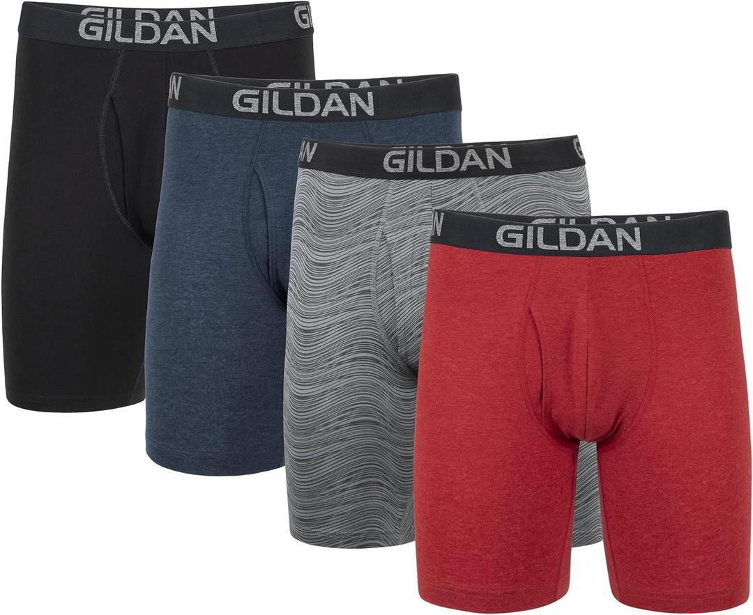 Gildan Men's Underwear Cotton Stretch Boxer Briefs, Multipack (XX-Large, Blk/Heather Navy/Stripe/Heather Red (4-pack, Long Leg))