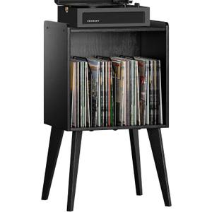 Gannyfer Record Player Stand  Minimalist Vinyl Record Storage Holds Up to 160 Albums, Mid-Century Record Holder Display Shelf with Wood Legs, Turntable Cabinet for Living Room, Bedroom (Black)