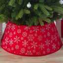 New Traditions Red Velvet Christmas Tree Collar with Silver Glitter Snowflakes  26" Diameter Fabric Stand Band for Artificial & Natural Trees  Tree Skirt Alternative, Collapsible