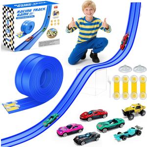 15Ft Flex Track, Flexible Race Car Track for Kids Toy with 10 Suction Cups, Rolls Up Portable Racetrack Compatible with Hot Wheels & Diecast 1/64th Cars, Christmas Birthday Gifts (Blue)