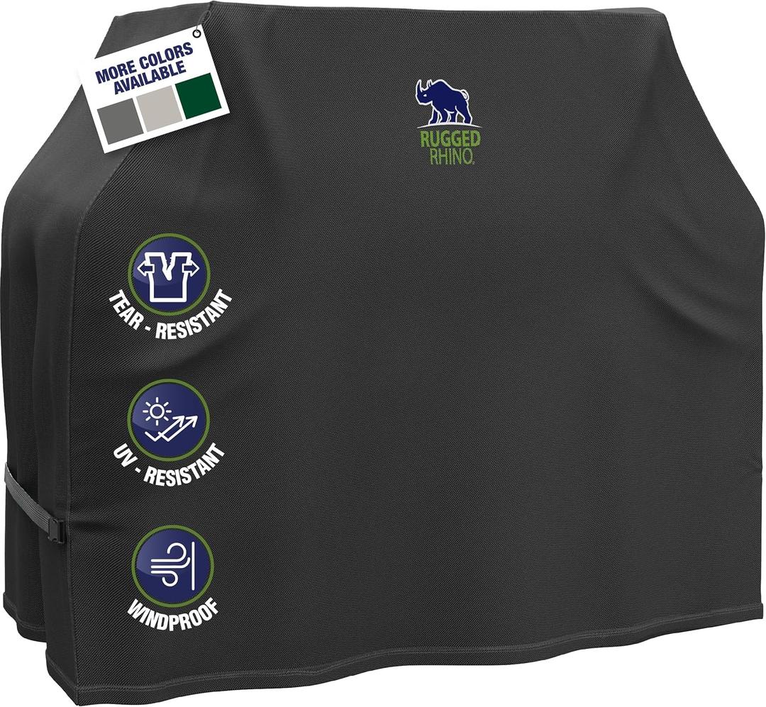 Rugged Rhino All Season Heavy Duty Grill Cover, Three Layer Waterproof UV Resistant and Windproof Covers for Outdoor, Secure Buckle Closure, Grilling Griddle Storage Outside, 58"L x 24"W x 48"H, Black